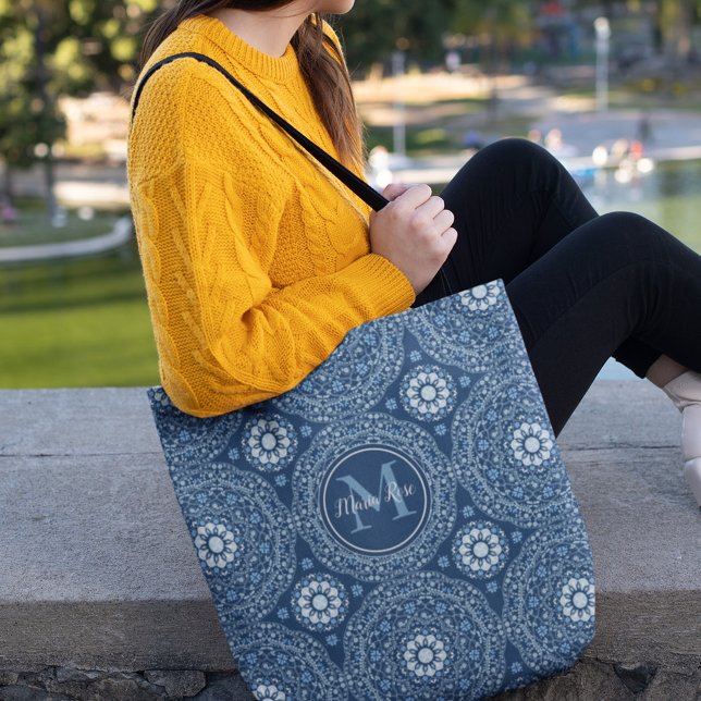 Tote Bag Monogramme floral de la marine bleu Mandala Lotus (Créateur téléchargé)