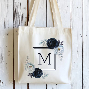Tote Bag Monogramme floral de pivoine bleu marine 