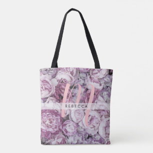 Tote Bag Monogramme floral de roses roses paeonies