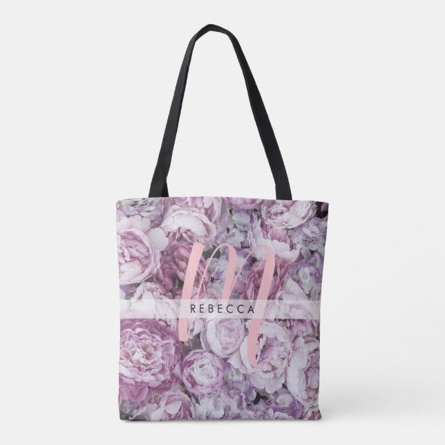 Tote Bag Monogramme floral de roses roses paeonies (Dos)