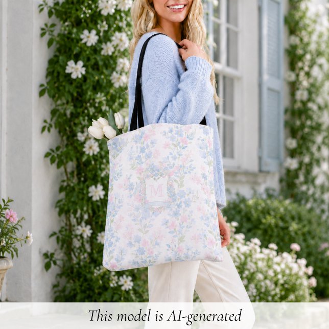 Tote Bag Monogramme Floral Élégant (elegant girly preppy grandmillennial floral tote bag with custom initial monogram in family crest)