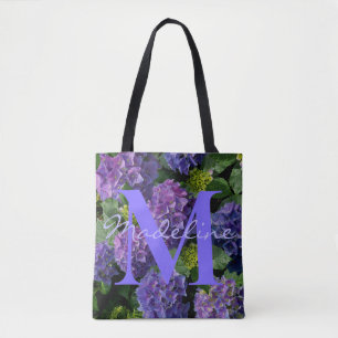 Tote Bag Monogramme floral élégant bleu violet vert