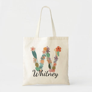 Tote Bag Monogramme floral élégant de la lettre W avec nom
