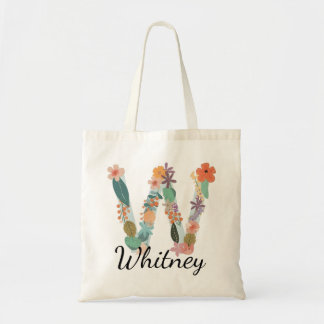 Tote Bag Monogramme floral élégant de la lettre W avec nom