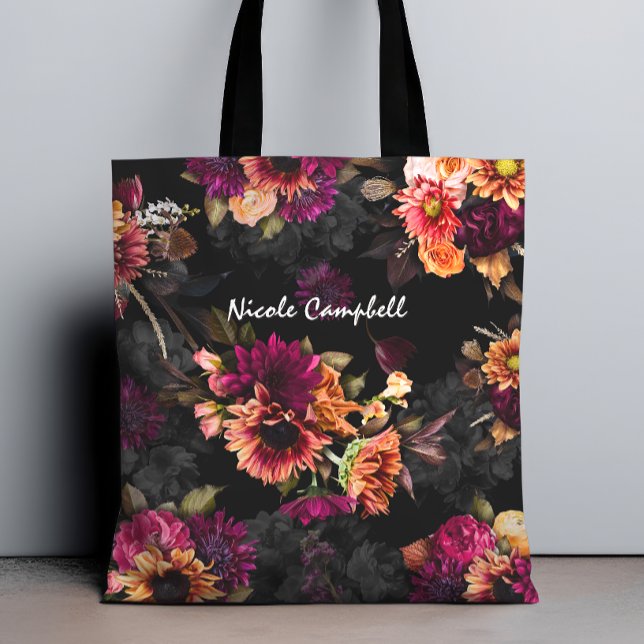Tote Bag Monogramme floral élégant fuchsia orange (Créateur téléchargé)