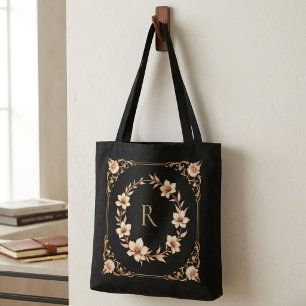 Tote Bag Monogramme floral et feuille d'or élégant personna