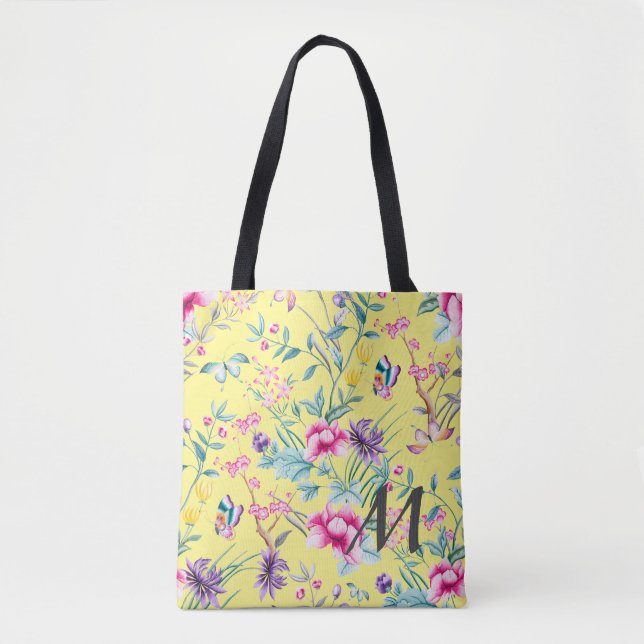 Tote Bag Monogramme floral et papillon jaune (Devant)
