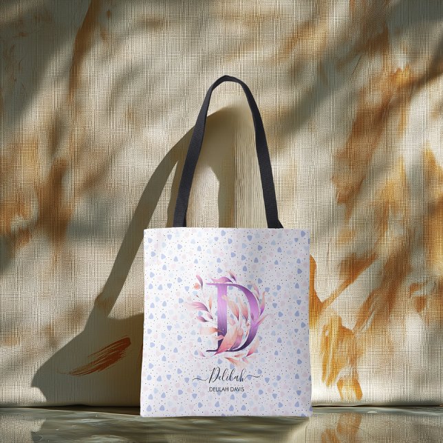 Tote Bag Monogramme floral fantaisiste Delilah Bleu Pétale  (Créateur téléchargé)