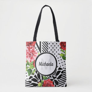 Tote Bag Monogramme floral géométrique rouge