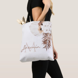 Tote Bag Monogramme Floral Herbe des Pampas Bohème Rustique