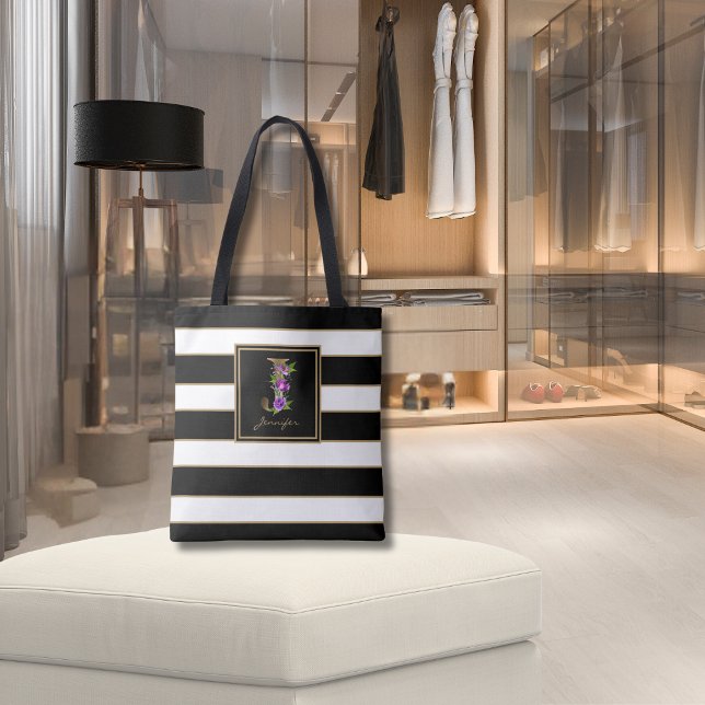 Tote Bag Monogramme floral J Gold | Blancs noirs (Créateur téléchargé)