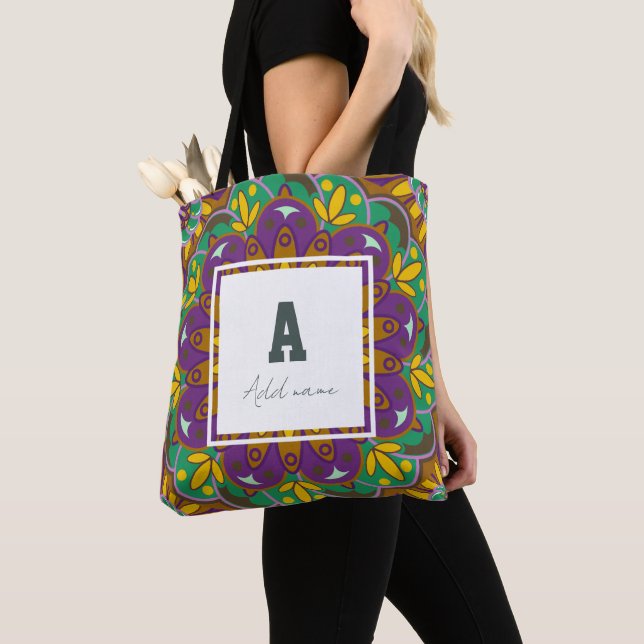 Tote Bag Monogramme floral Mandala Nom personnalisé (De près)