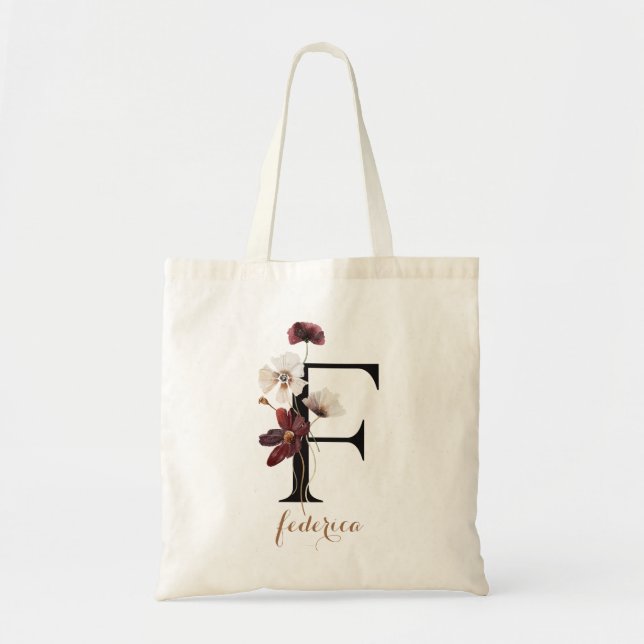 Tote Bag Monogramme floral moderne personnalisé, lettre « F (Devant)
