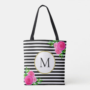 Tote Bag Monogramme floral noir et blanc à rayures roses