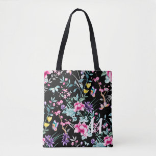 Tote Bag Monogramme floral noir et papillon