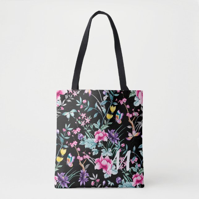 Tote Bag Monogramme floral noir et papillon (Devant)