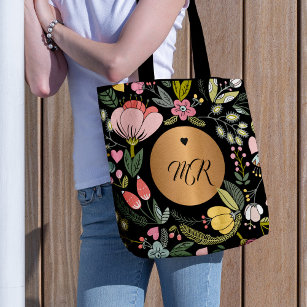 Tote Bag monogramme floral noir et rose pastel de luxe