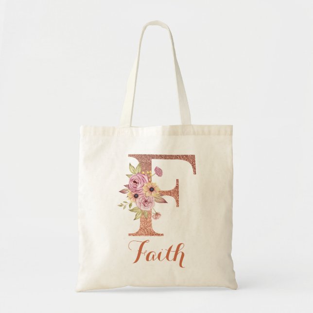 Tote Bag Monogramme floral pailleté rose blush Lettre F  (Devant)