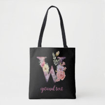 monogramme floral personnalisé noir rose lettre W