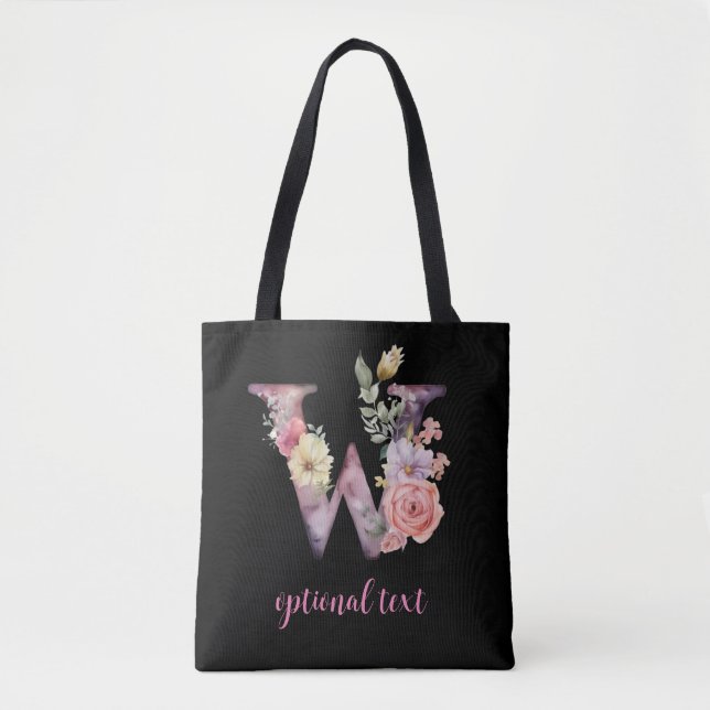 Tote Bag monogramme floral personnalisé noir rose lettre W (Devant)