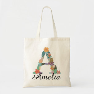 Tote Bag Monogramme Floral Personnalisé Nom Personnalisé Bo