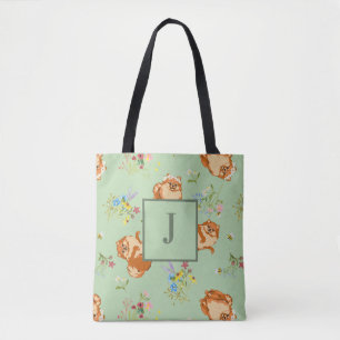 Tote Bag Monogramme Floral Pomeranian Motif Vert