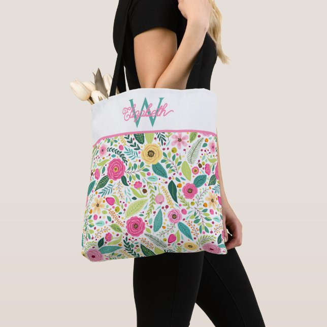 Tote Bag Monogramme floral printanier rose jaune et sarcell (De près)