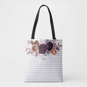 Tote Bag Monogramme floral purple et bourgogne rayé