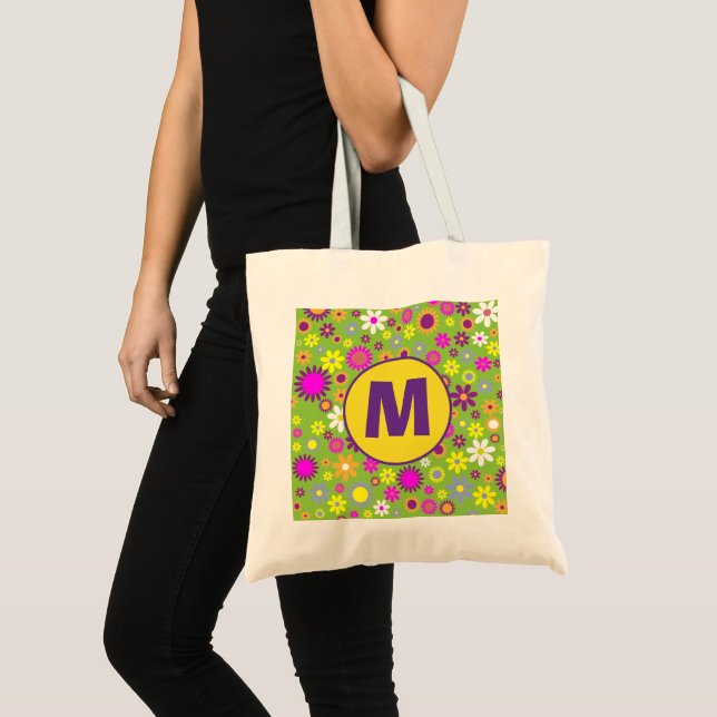 Tote Bag Monogramme floral rétro des années soixante Fleur  (Devant (produit))
