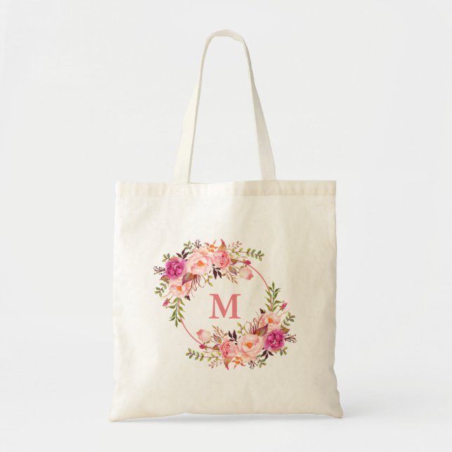Tote Bag Monogramme floral rose de guirlande d'aquarelle (Devant)