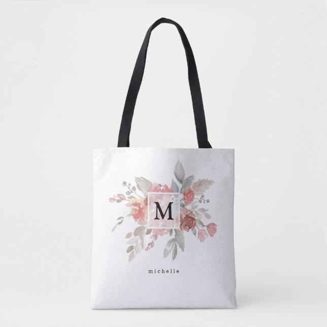 Tote Bag Monogramme Floral Rose Pâle Élégant (Devant)