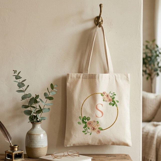 Tote Bag Monogramme floral rose poudré de la verdure printa (Créateur téléchargé)