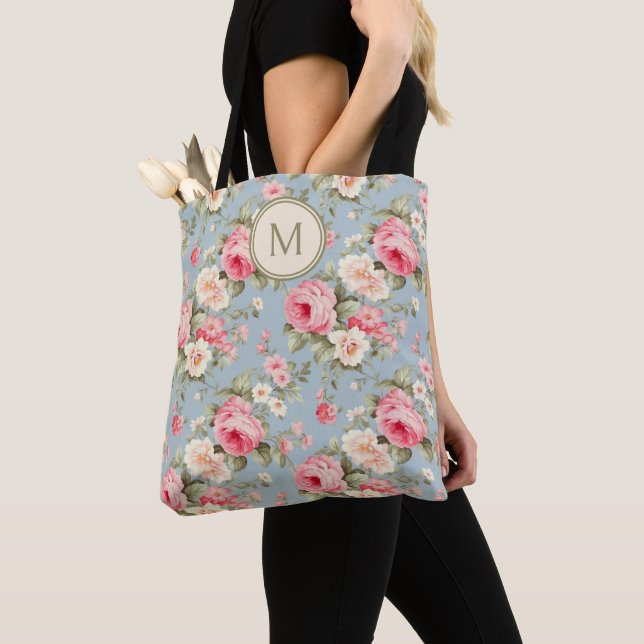 Tote Bag Monogramme Floral Rose Shabby Chic (De près)