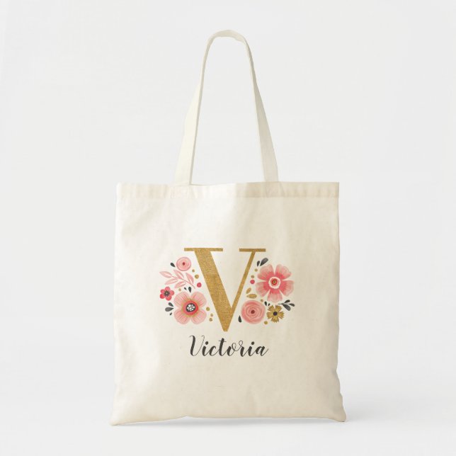 Tote Bag Monogramme floral rose V lettre dorée (Devant)