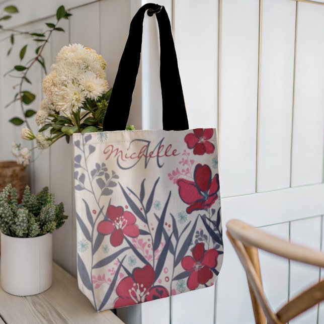 Tote Bag Monogramme Floral Rouge Moderne (Créateur téléchargé)