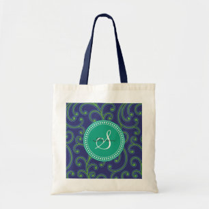 Tote Bag Monogramme floral vert-bleu girly élégant de mot