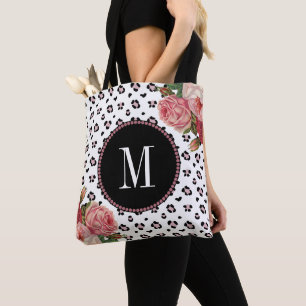 Tote Bag Monogramme floral Vintage de léopard d'or Rose élé
