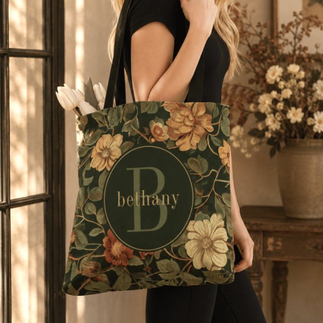 Tote Bag Monogramme Floral Vintage Foncé William Morris (Vintage Dark William Morris Floral Monogram Tote Bag)