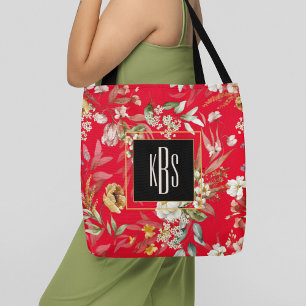 Tote Bag Monogramme, Florales d'Art Rouge à l'épaule Fourre