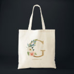 Tote Bag Monogramme G Doré Lettre Florale de Pivoine Demois<br><div class="desc">Sac à main monogramme lettre G orné d'un bouquet floral aquarelle de pivoines et roses blanches et rose tendre, avec un accent de verdure et une lettre en dorure. Ce sac monogramme floral pour demoiselle d'honneur est idéal pour les mariages, les fêtes, les anniversaires et plus encore. Personnalisation possible avec...</div>