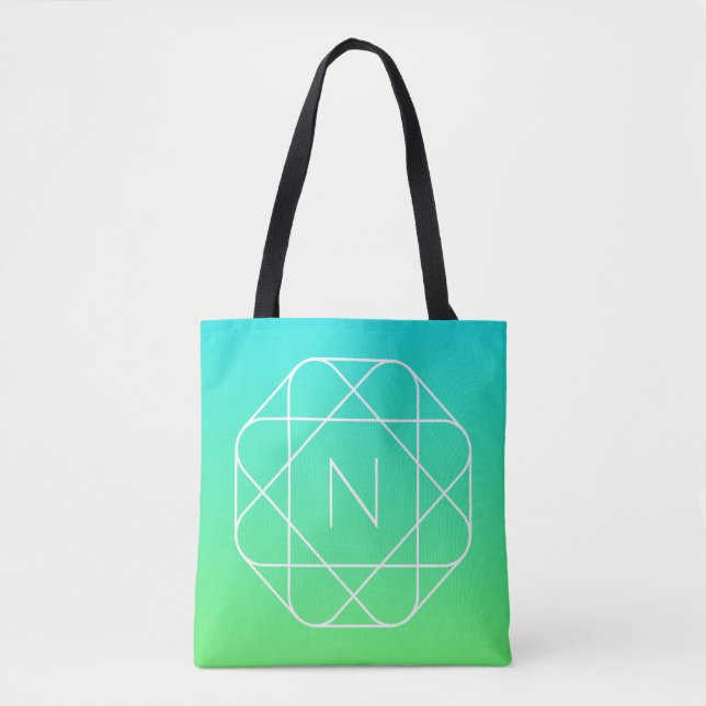 Tote Bag Monogramme géométrique cool | Ombre Vert bleu et c (Devant)