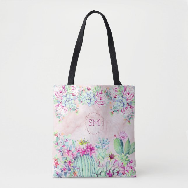 Tote Bag Monogramme géométrique de marbre brillant Succulen (Devant)
