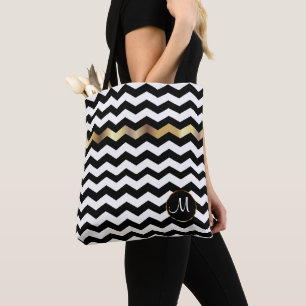 Tote Bag Monogramme Gold, blanc et noir Chevron Design