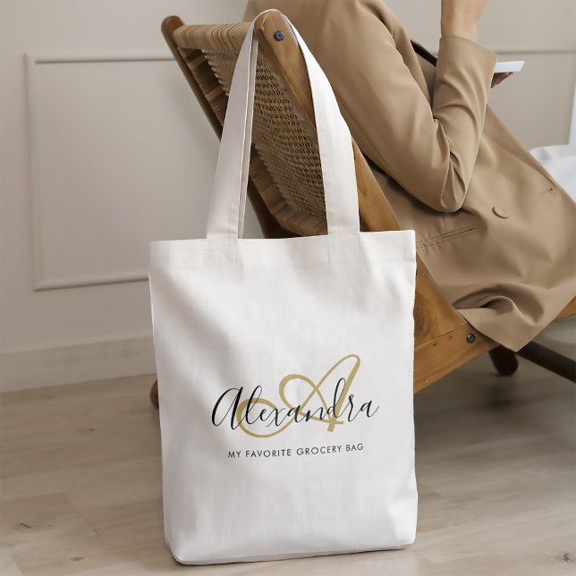 Tote Bag Monogramme Gold Noir tendance Nom initial du scrip (Trendy Black Gold Monogram Initial Script Name Tote Bag)