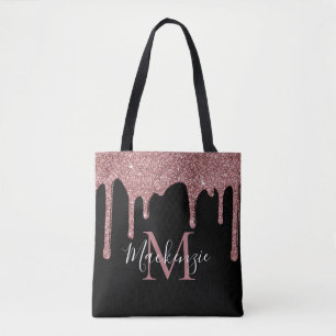 Tote Bag Monogramme gouttes de paillettes en or rose noir c