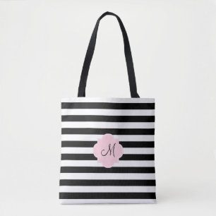 Tote Bag Monogramme Grandes noires et blanches avec rose pa