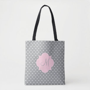 Tote Bag Monogramme Gris, Blanc et Pastel Pink Polka Dot