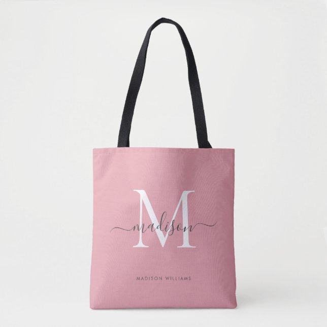 Tote Bag Monogramme gris blanc rose pâle Nom du script init (Devant)
