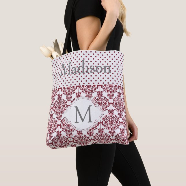 Tote Bag Monogramme initial à la mode Maroon et White Girly (De près)