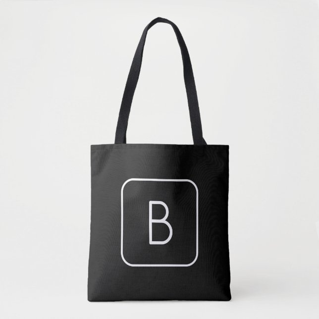 Tote Bag Monogramme Initial De Style Moderne | Blanc & Noir (Devant)